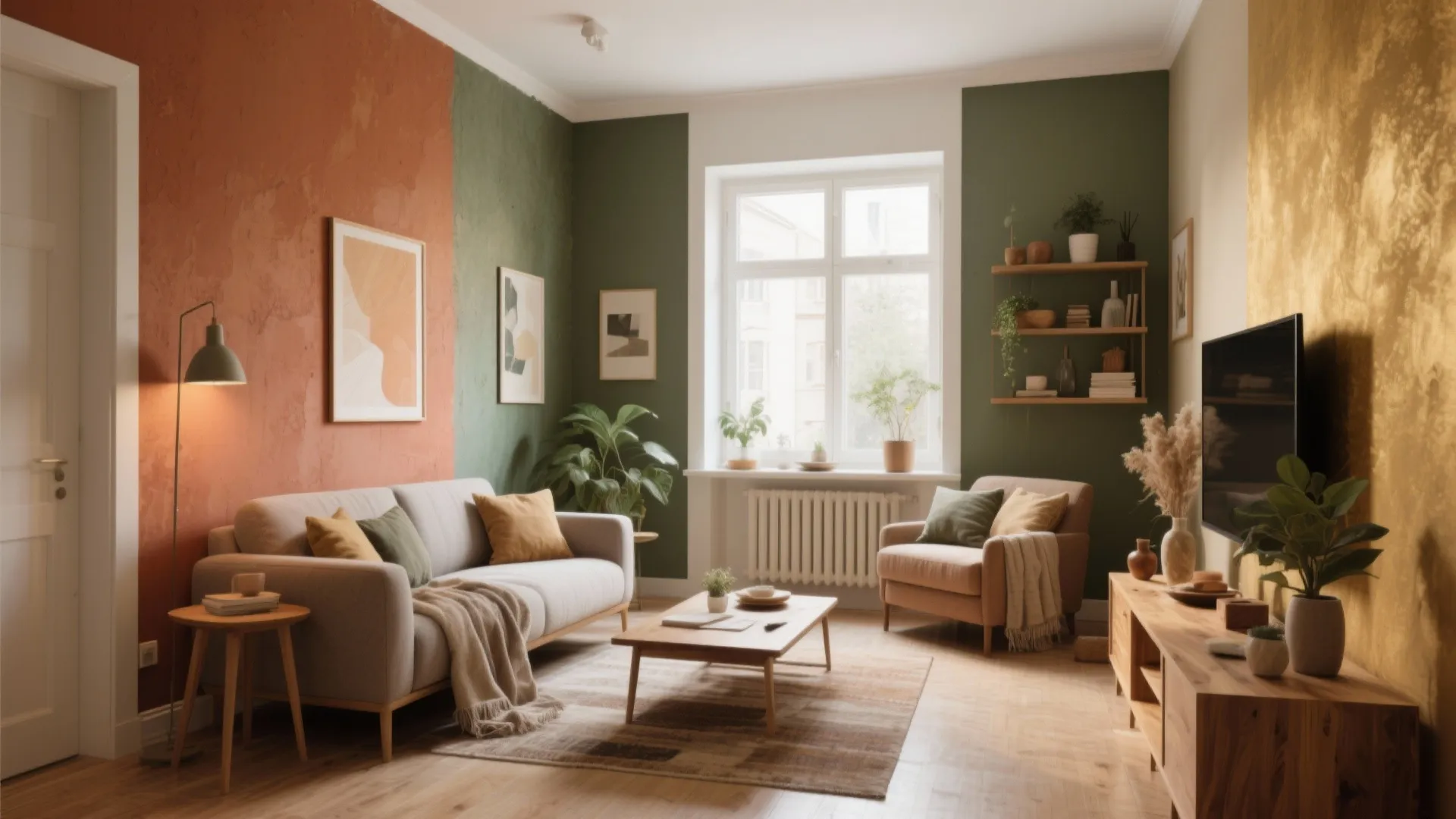 Colorful living room with green and orange walls wooden furniture grey sofa and large wall light