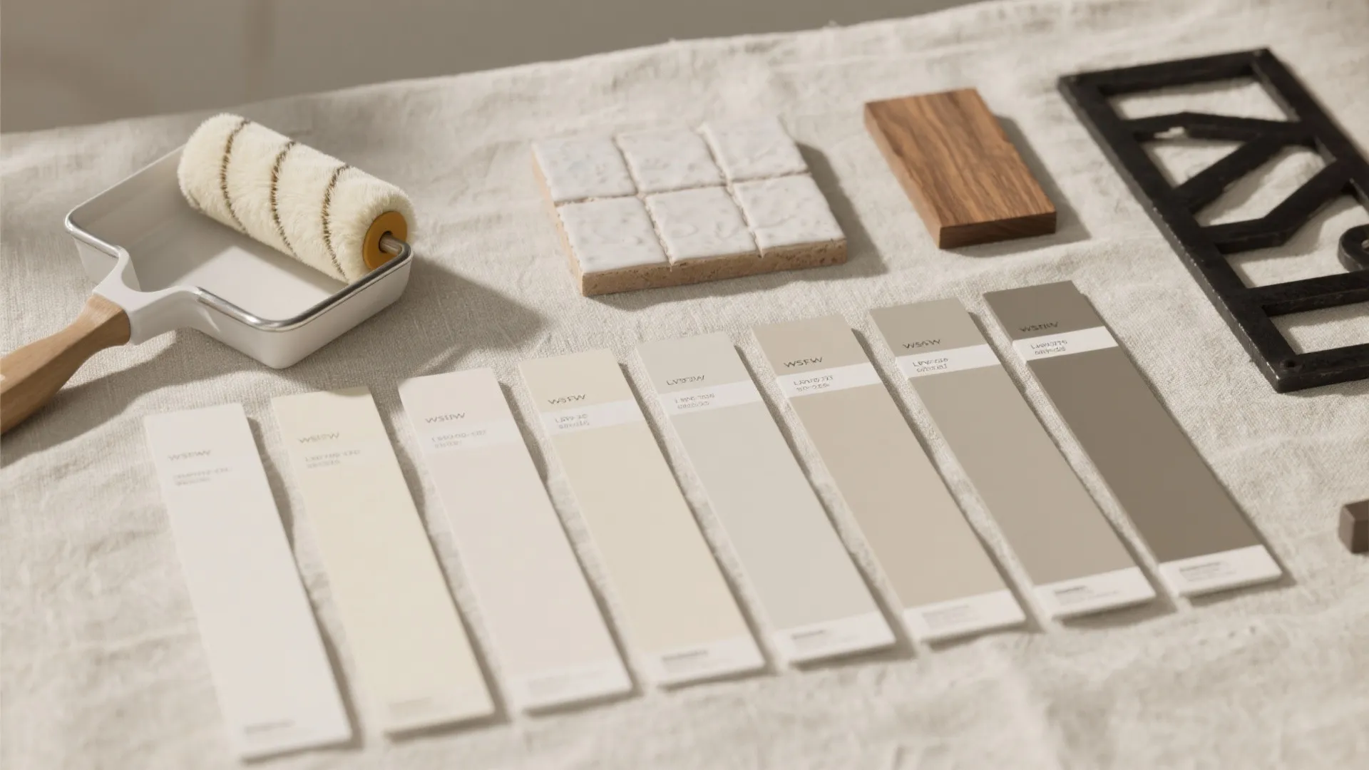 Interior design materials including paint color cards paint roller tiles and wood sample on fabric table