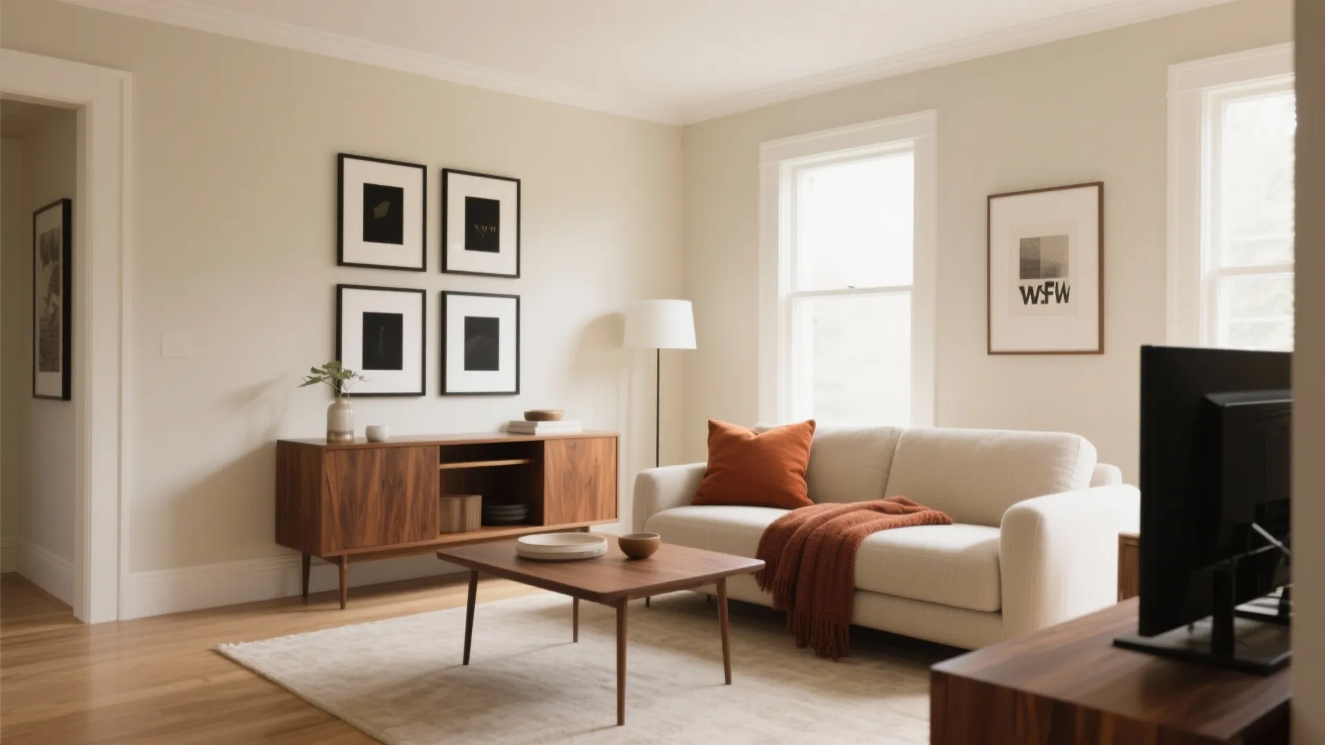 Warm living room with cream sofa wooden coffee table dark wood cabinet and framed wall art