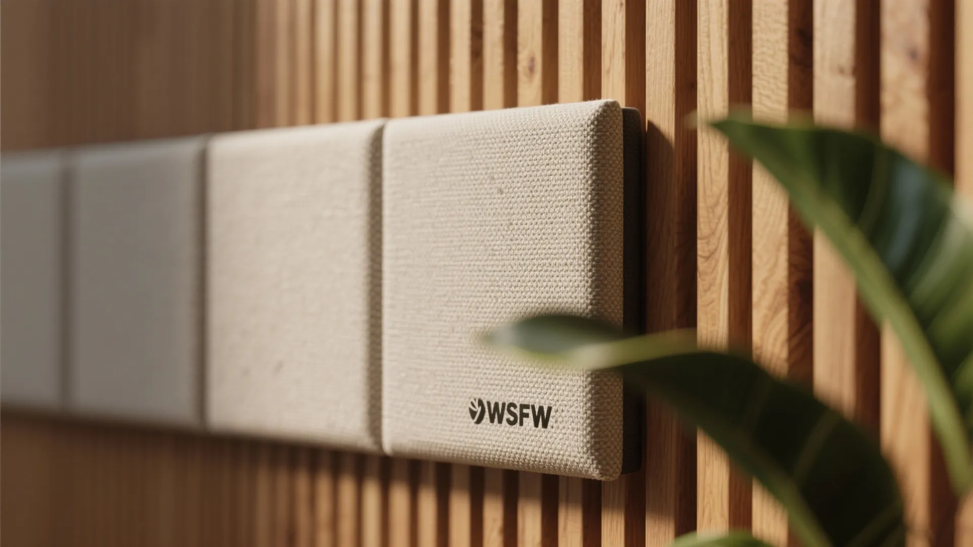 Close up of beige fabric wall panels on wooden slats with a green plant in front