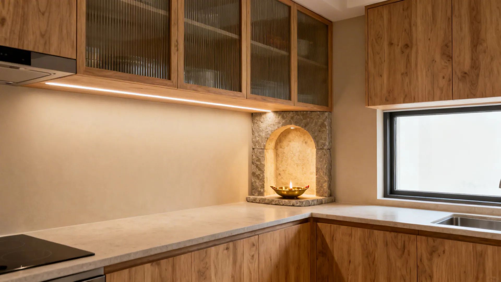 Modern kitchen with wooden cabinets glass doors stone wall niche and warm light under the shelf