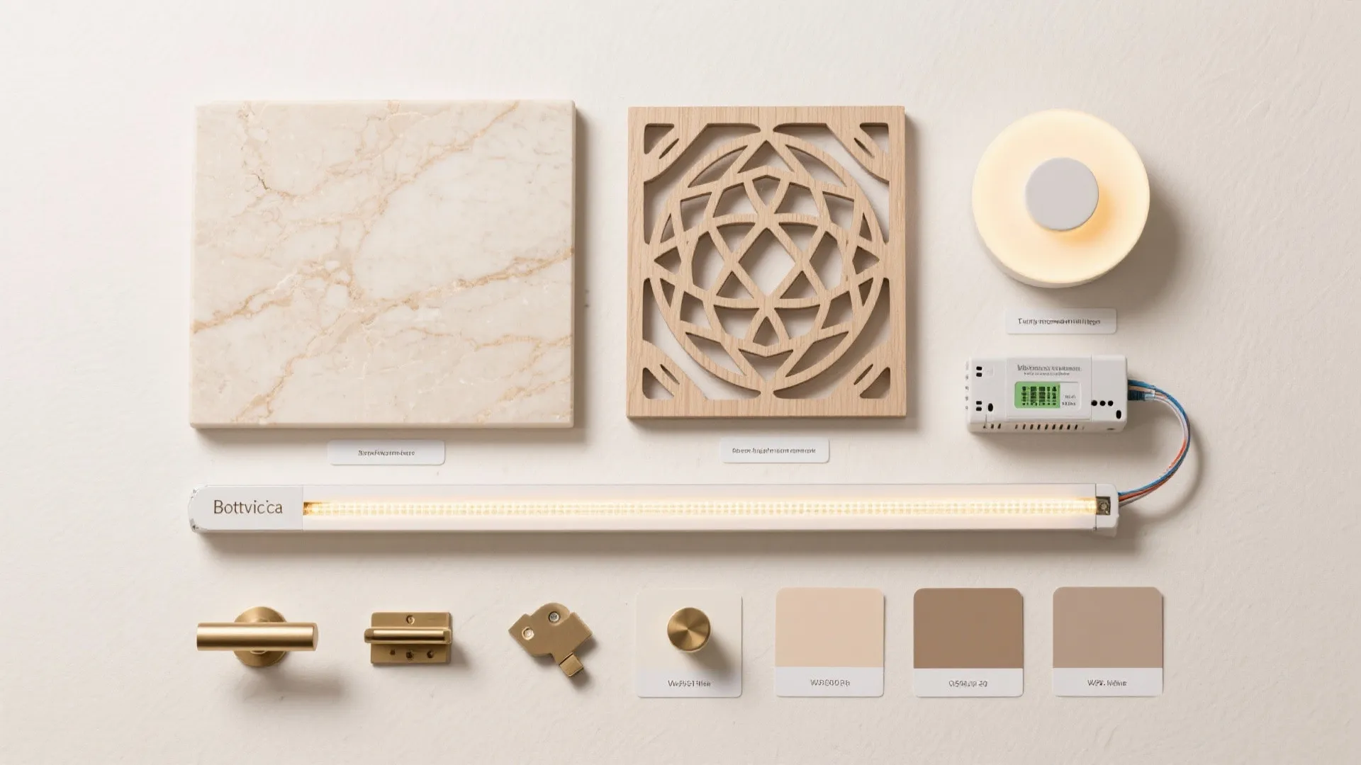 Interior design material board with marble tile wood panel gold handles and neutral color samples