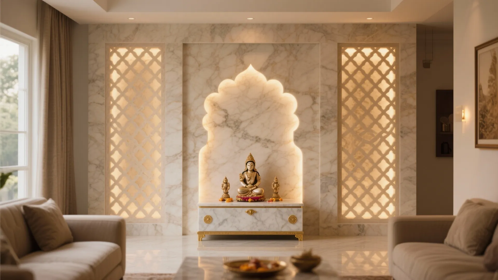 Modern marble prayer room with gold statues on white cabinet and decorative carved wall panels