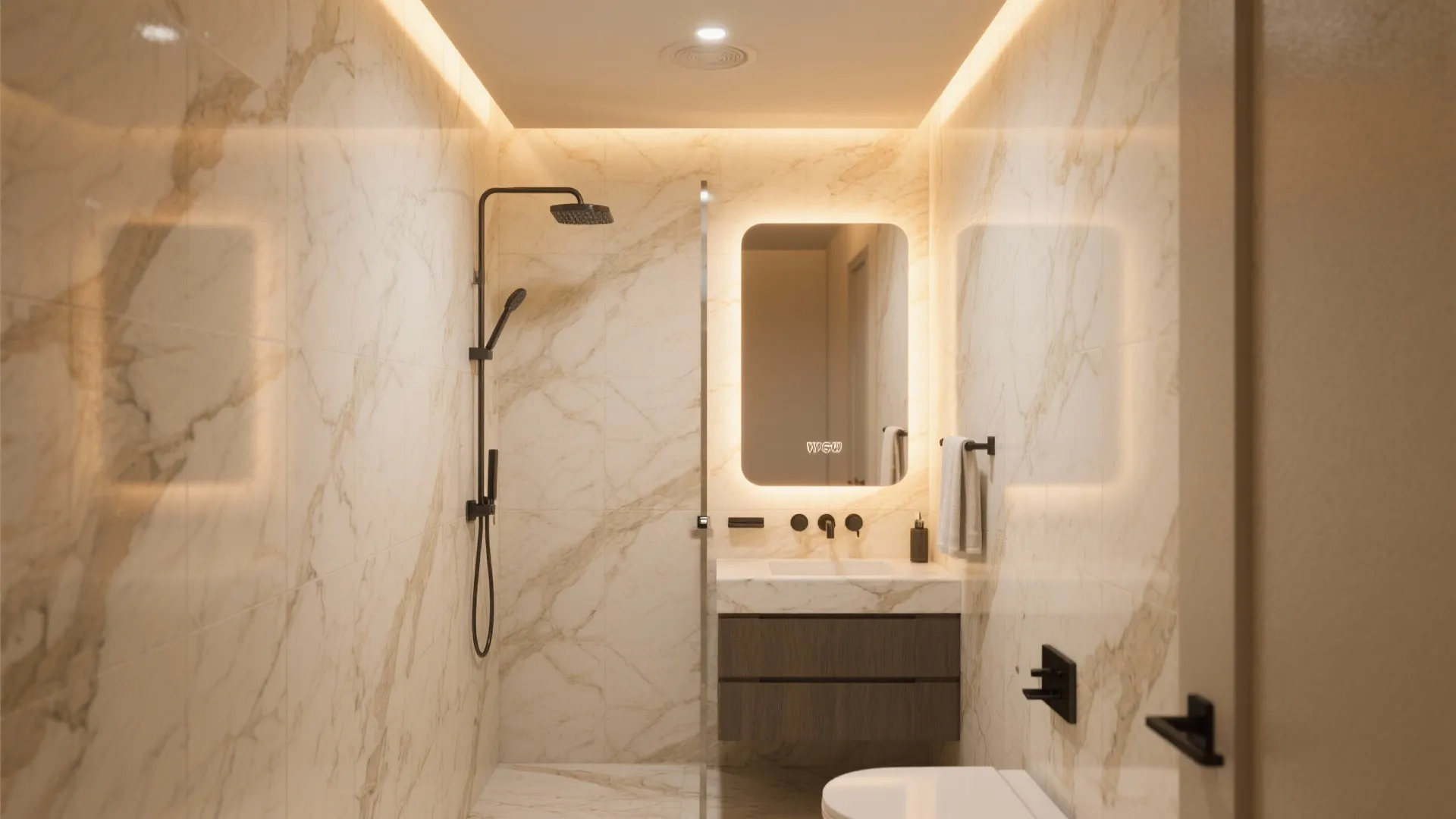 Soft, Warm Marbles + Layered Lighting