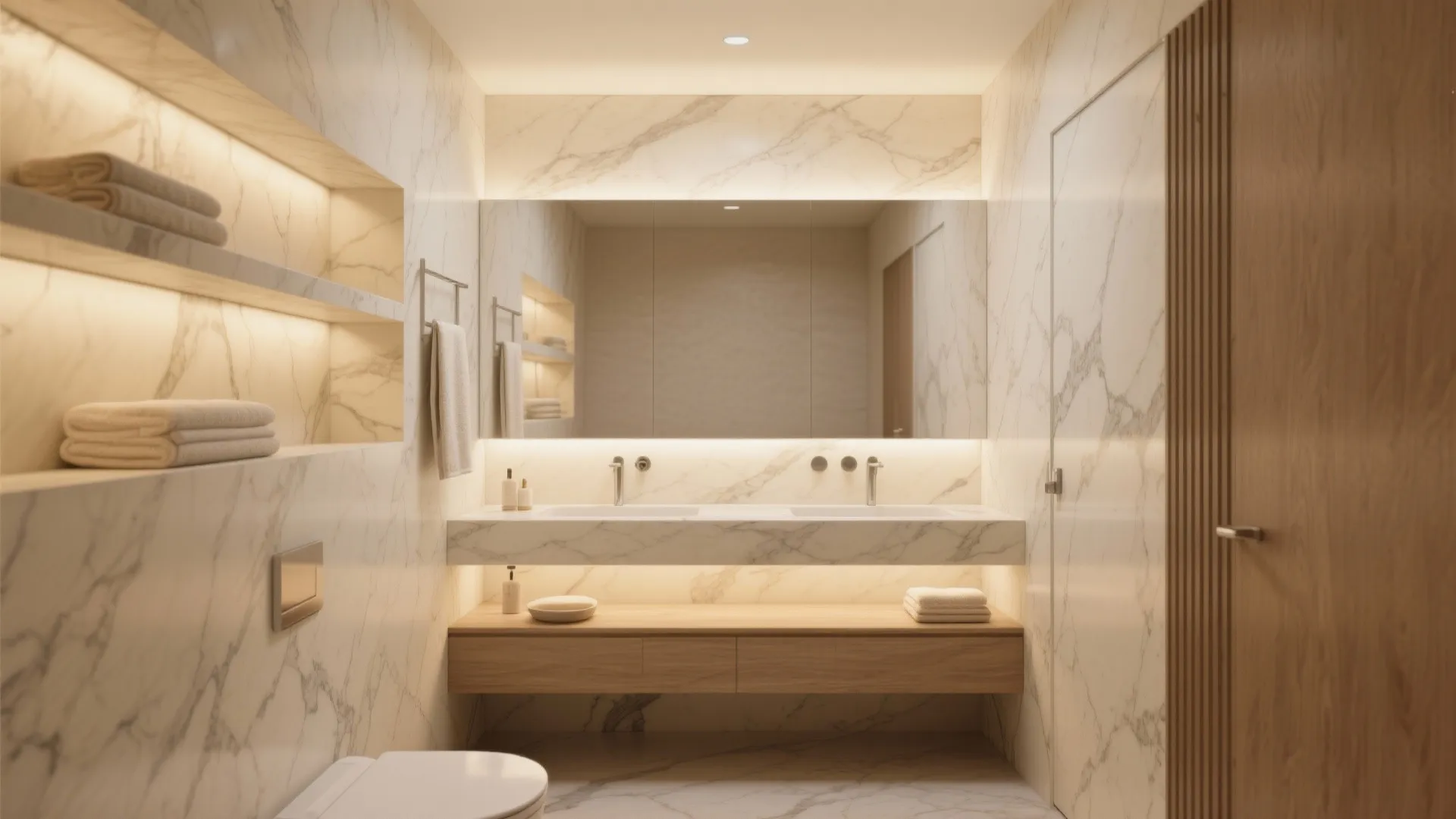 5. Warm marble tones and built-in storage