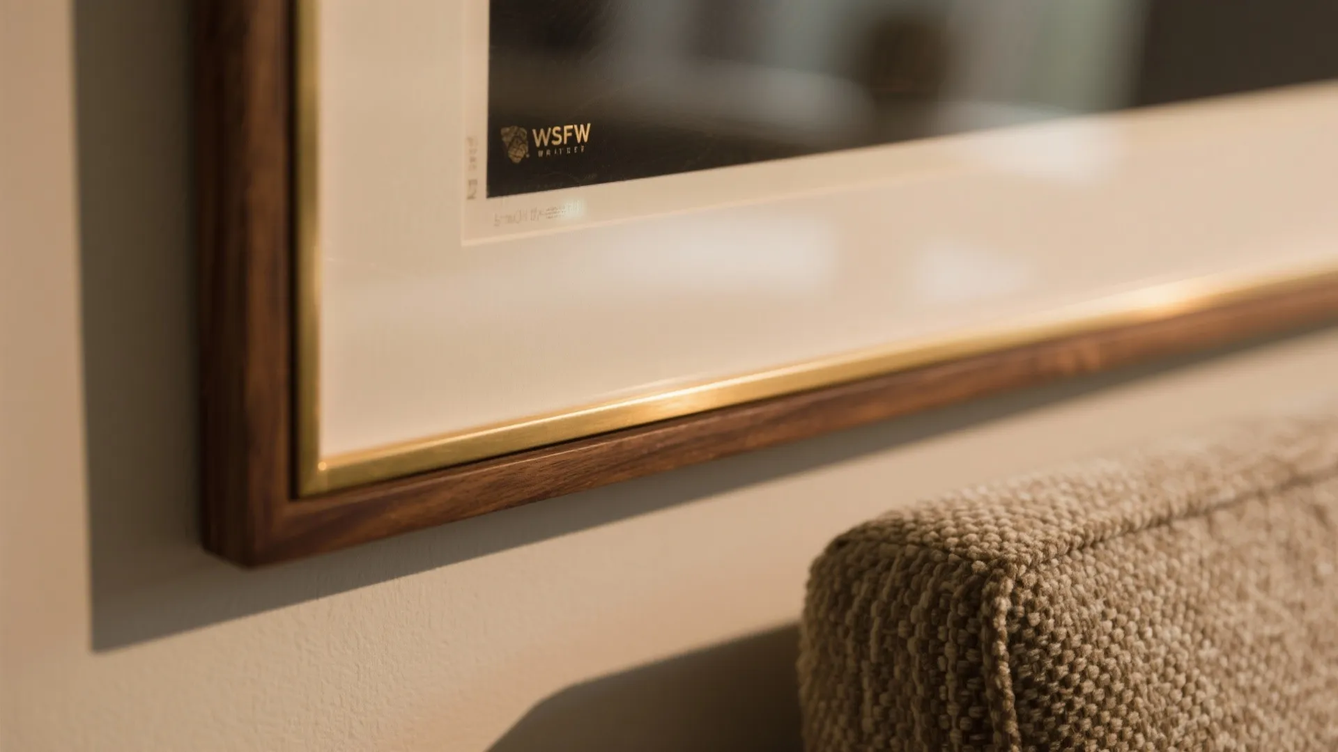 Close up of a wooden picture frame on white wall next to a textured beige sofa