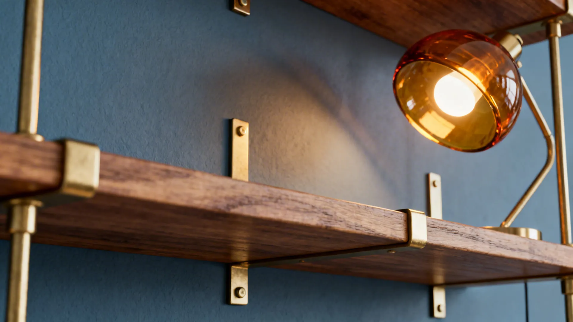 Warm oak shelving and brass hardware balancing blue-gray decor