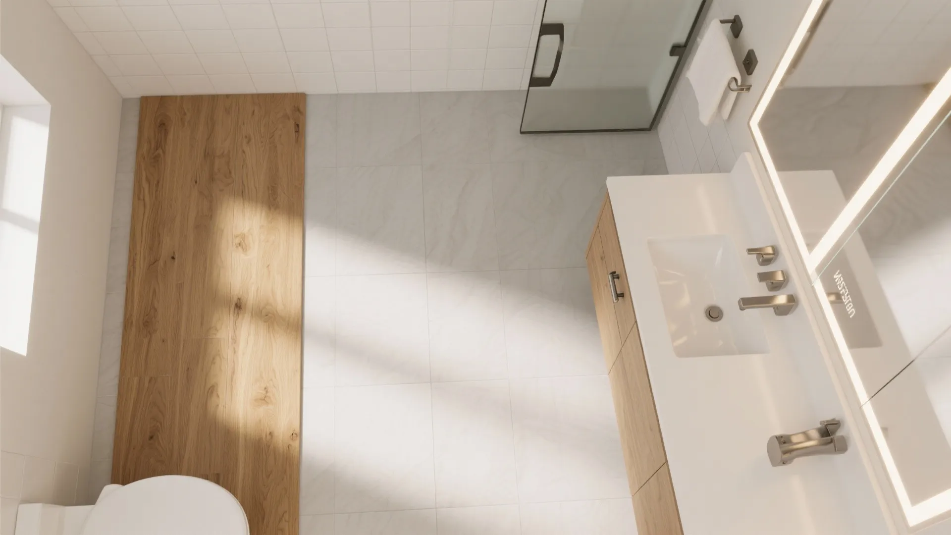 Top view of bathroom with white sink wooden cabinet tiled floor and natural sunlight shadows