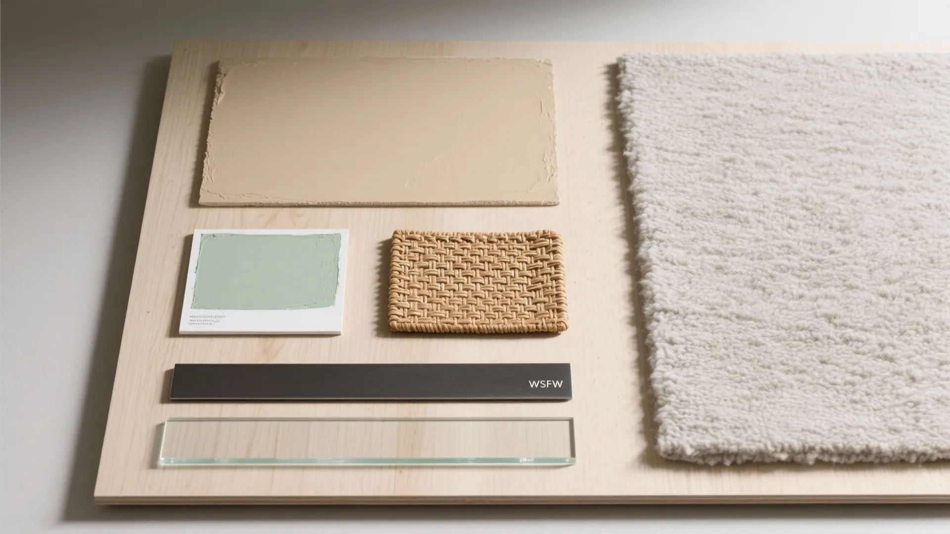 Interior design material board with wood panel, fabric samples, glass strip, and soft white carpet