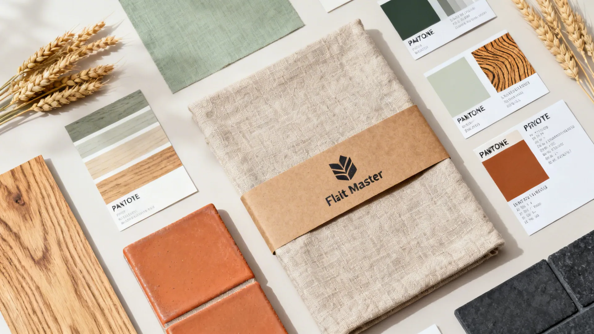 Top-down flatlay of wood, linen, terracotta with logo on kraft band.