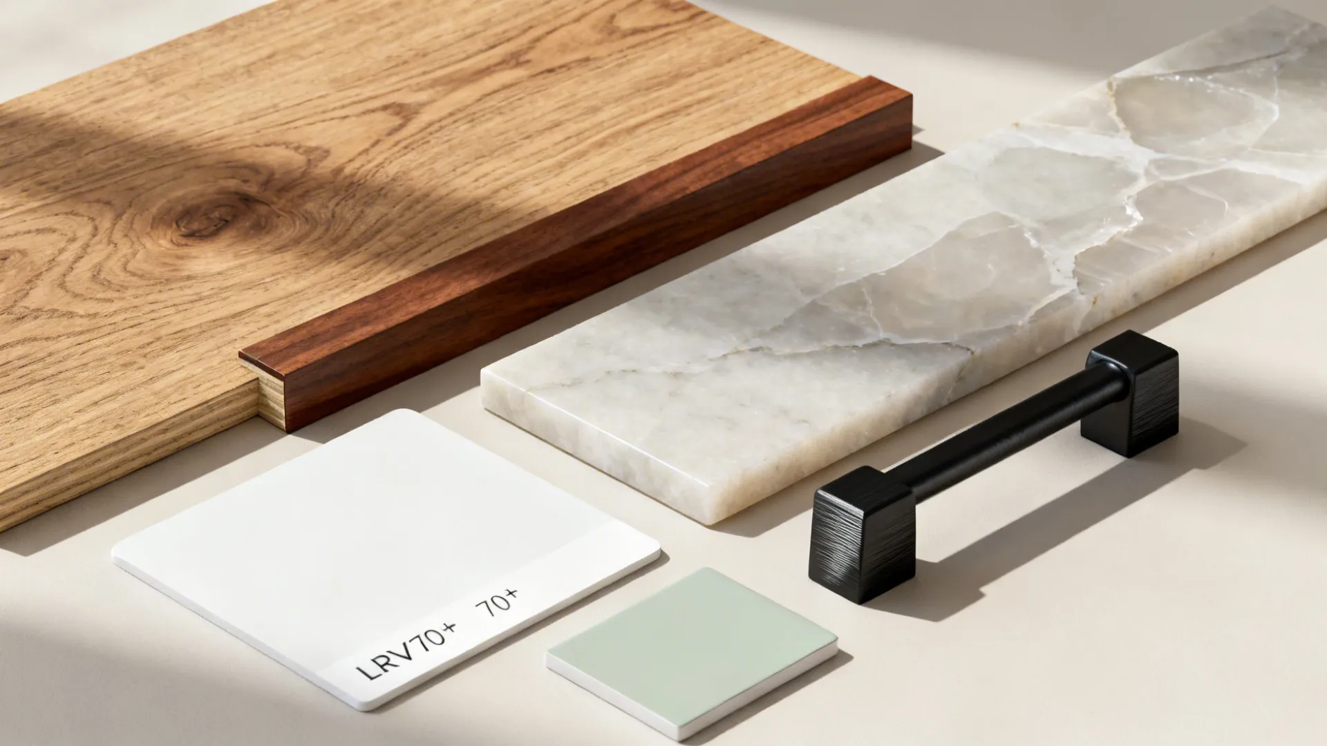 Flat lay of riftsawn oak, walnut, pale quartz, soft white and sage swatches, and matte black pull.
