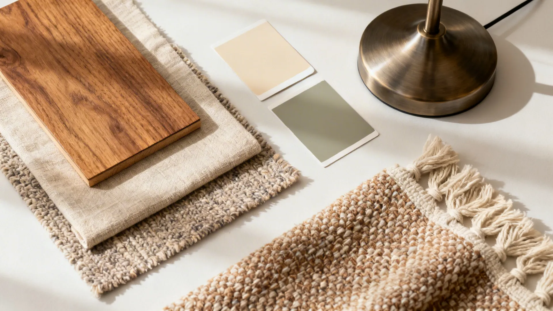 Flat lay of oak, linen, boucle, and warm neutral paint chips for a cozy scheme.