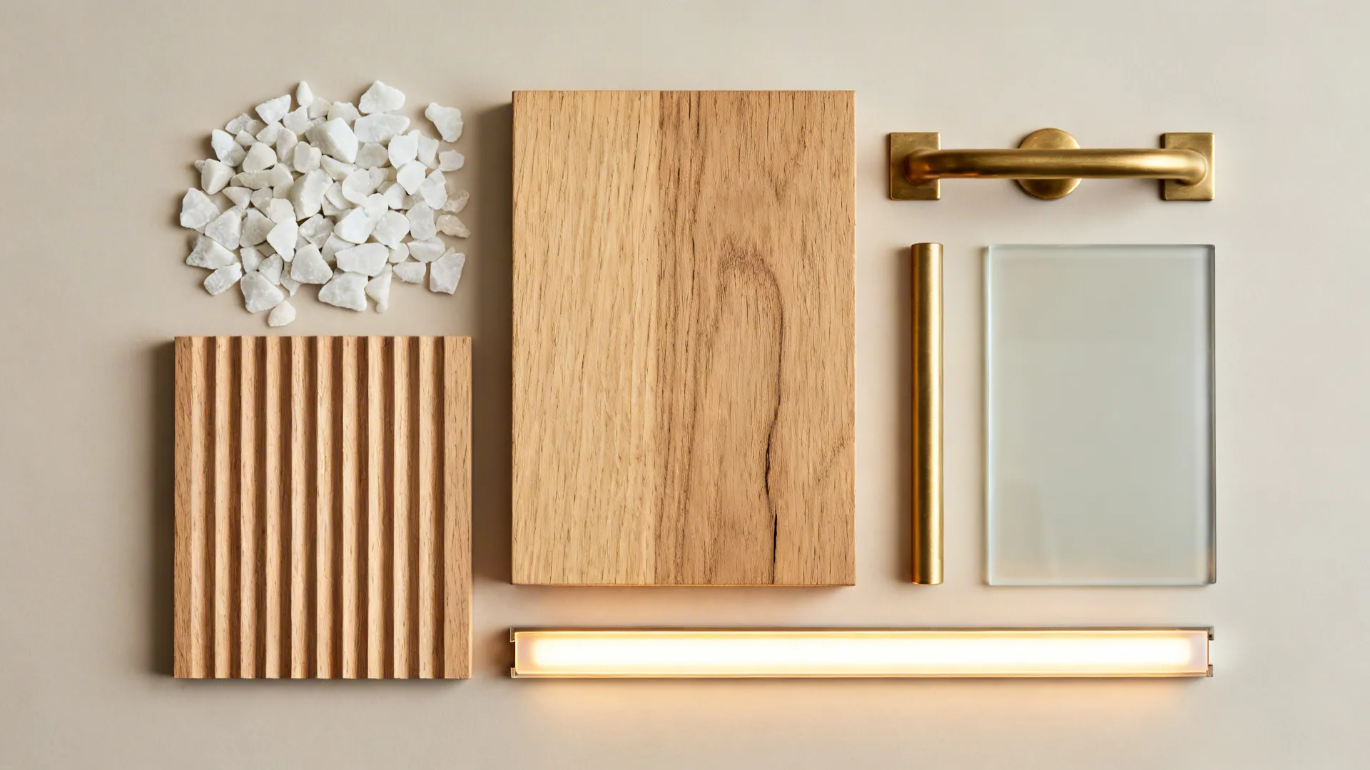 Flat lay featuring white quartz, oak, ribbed wood, brass hardware, and satin glass samples.
