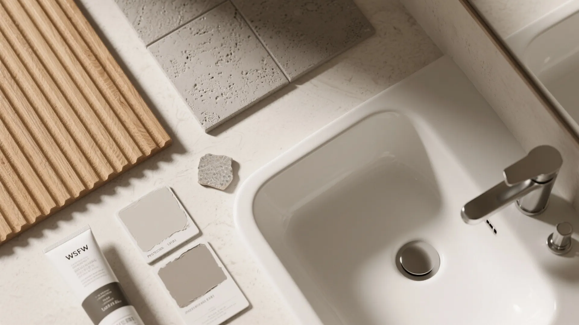 Warm materials: ribbed wood and microcement