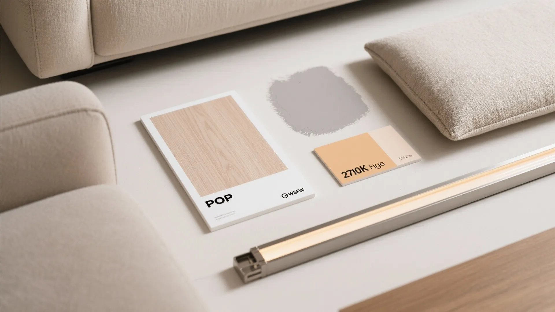 Interior design material flatlay with wood sample paint color swatches sofa fabric and light fixture