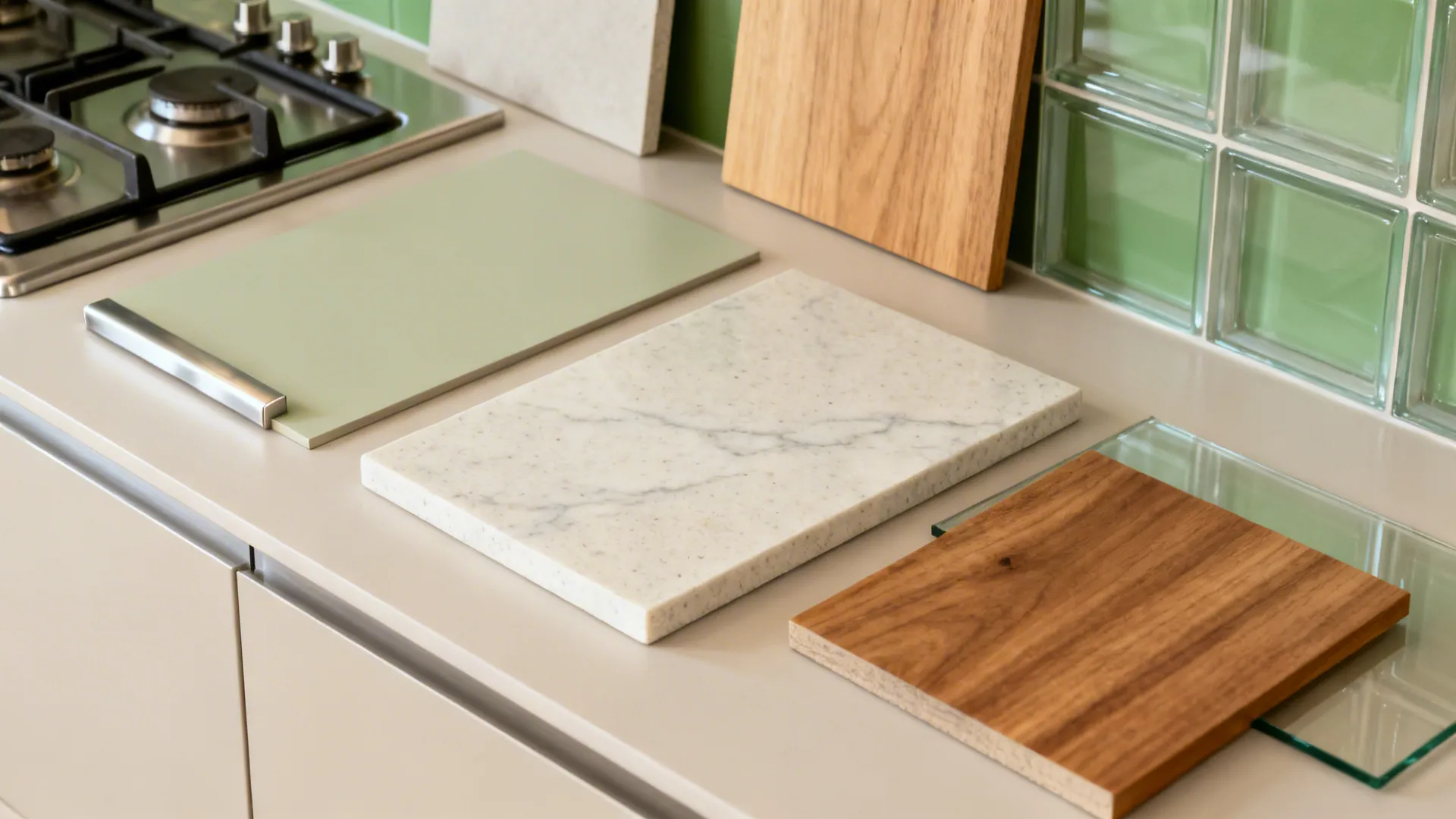Flatlay of matte laminates, light quartz, wood veneer, and glass backsplash for a warm minimal kitchen.