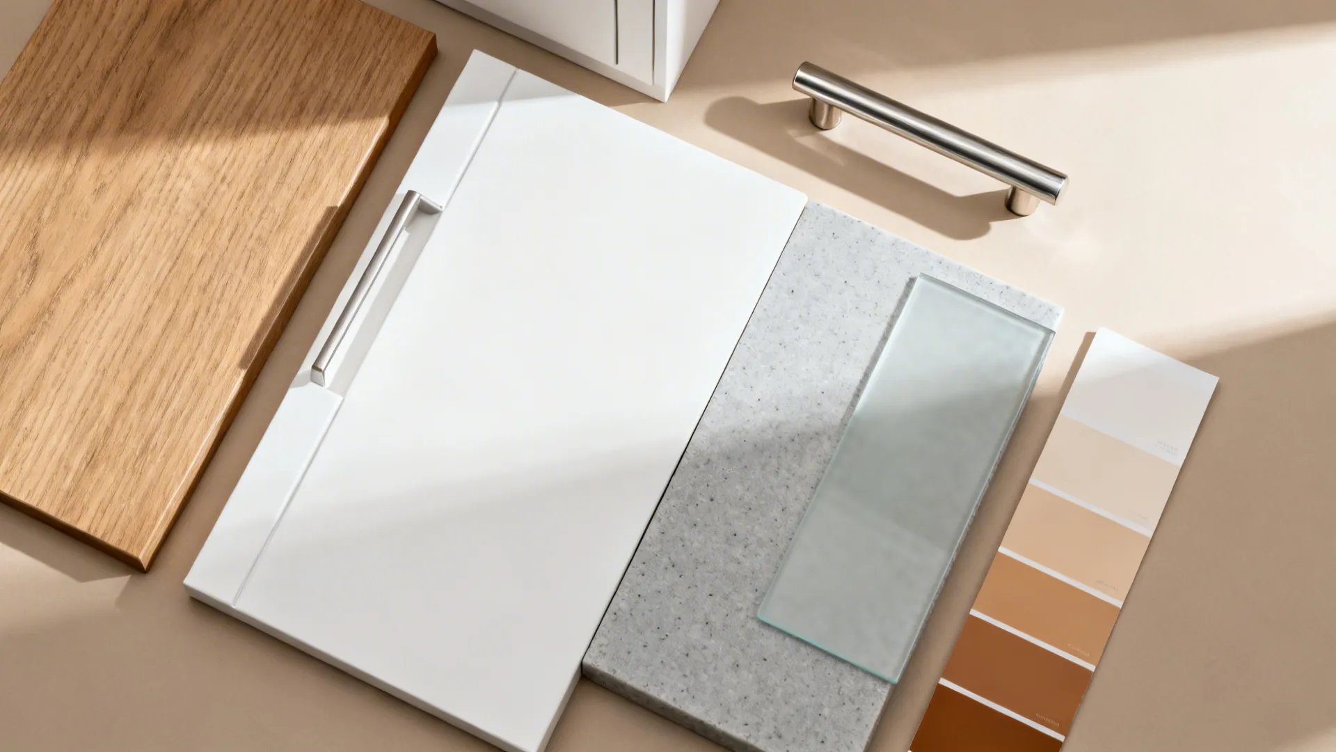 Flat lay of oak laminate, matte white, quartz, low-iron glass, and neutral paint chips.