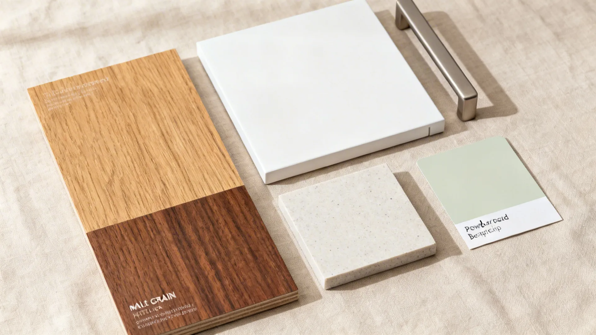 Interior design material samples including wood boards white tile stone square metal handle and color swatch