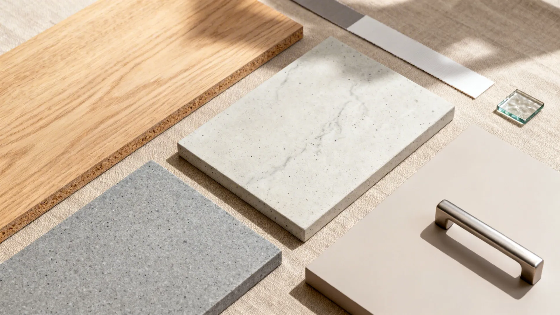 Collection of interior design materials including wood marble stone and a tan cabinet door handle