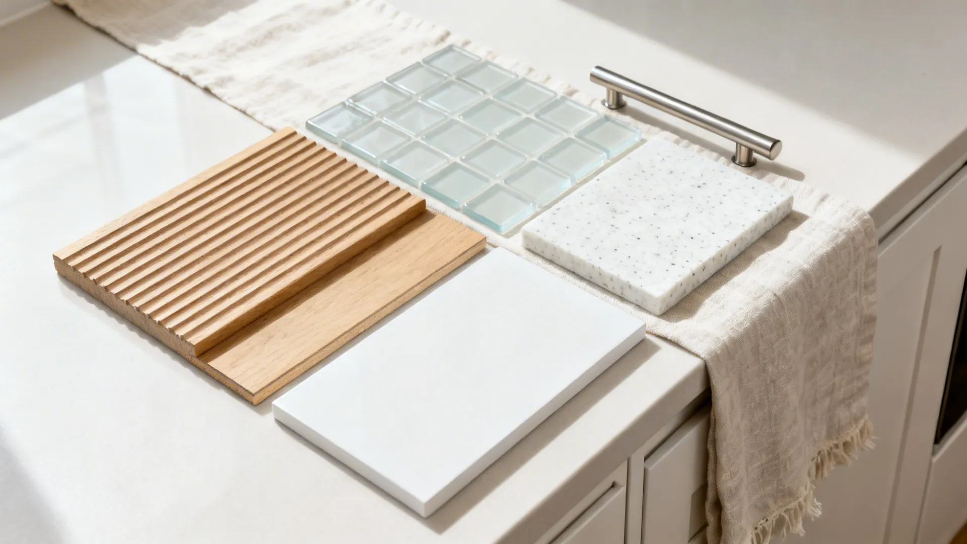 Flat lay of light oak, matte white, low-iron glass, quartz, brushed pull, and linen.