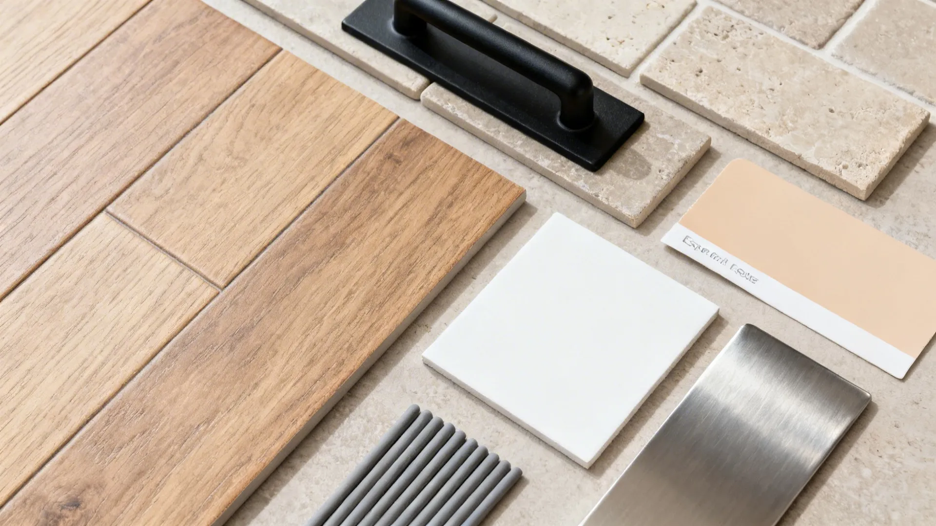 Flat lay of wood-look tile, stone-look tile, paint swatch, hardware, and grout samples.