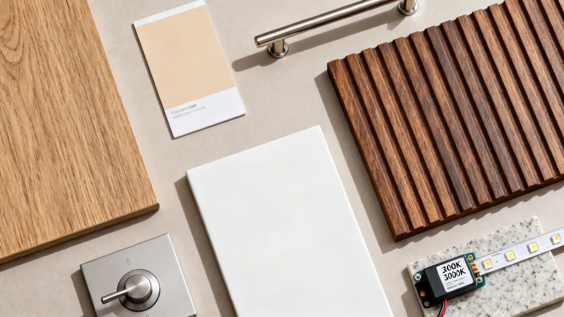 Flat lay of oak and walnut samples, warm white lacquer, quartz, satin nickel hardware, and LED strip.