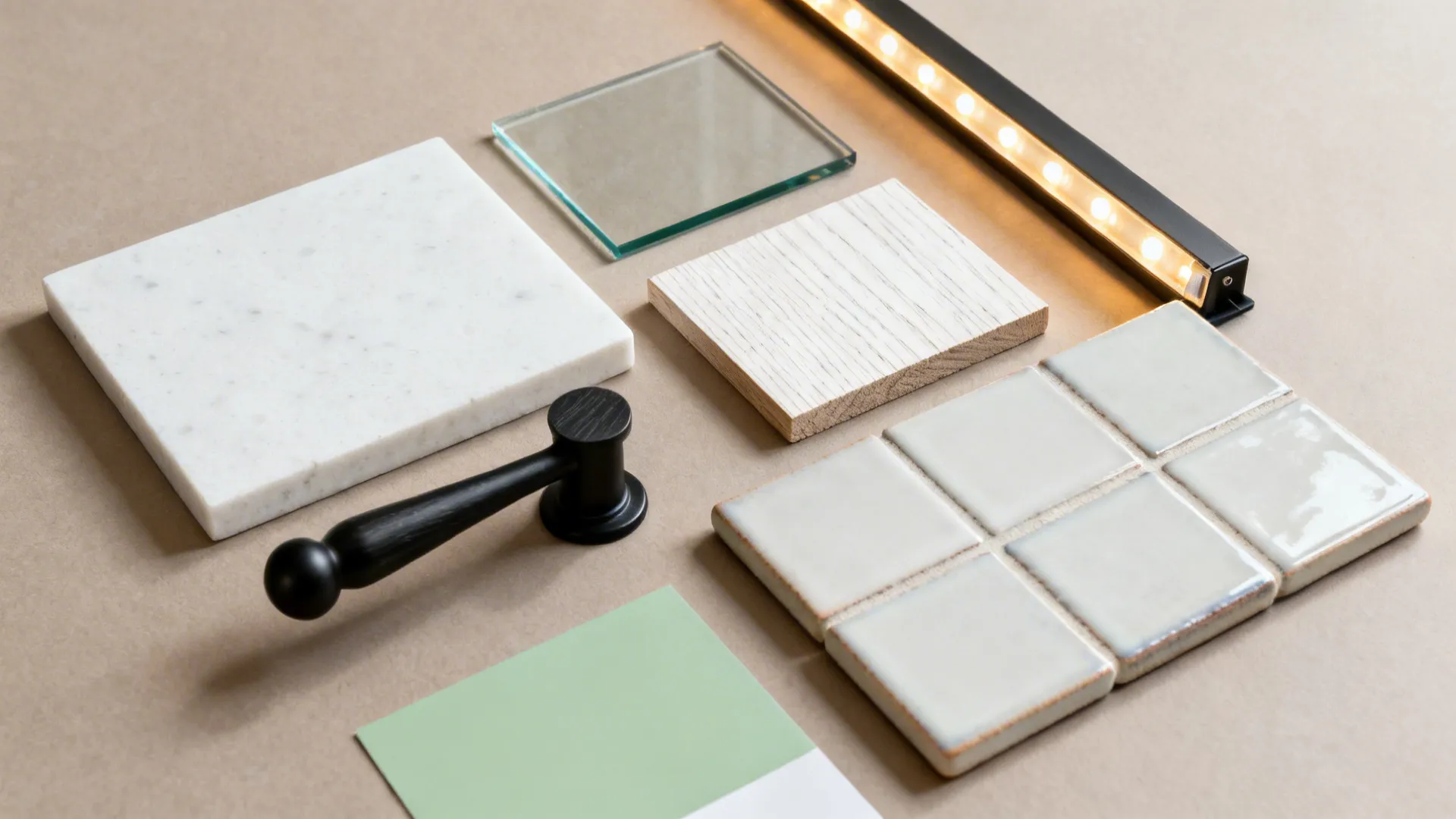 Flat lay of quartz, low-iron glass, oak veneer, black hardware, and warm LED for small spaces.