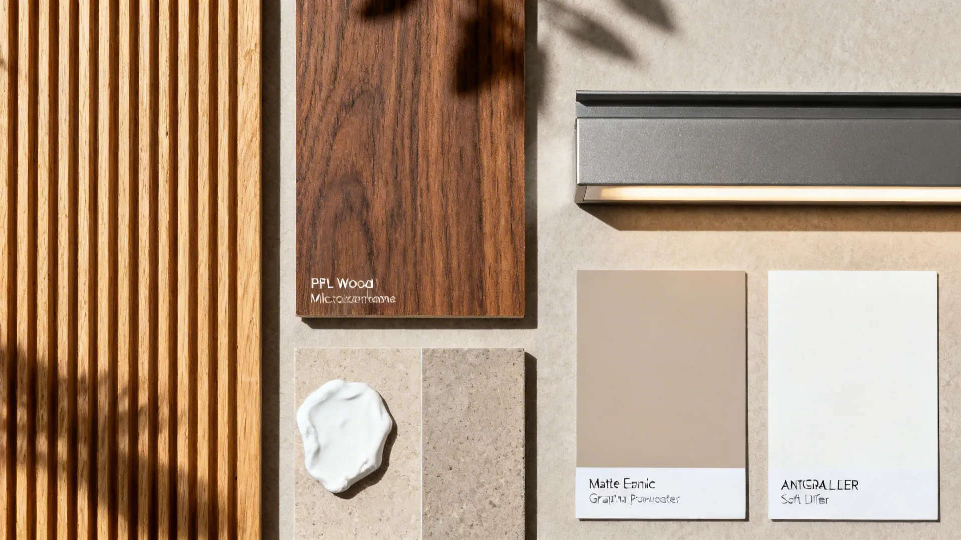 Interior design material board with wood panels stone samples color swatches and a small wall light