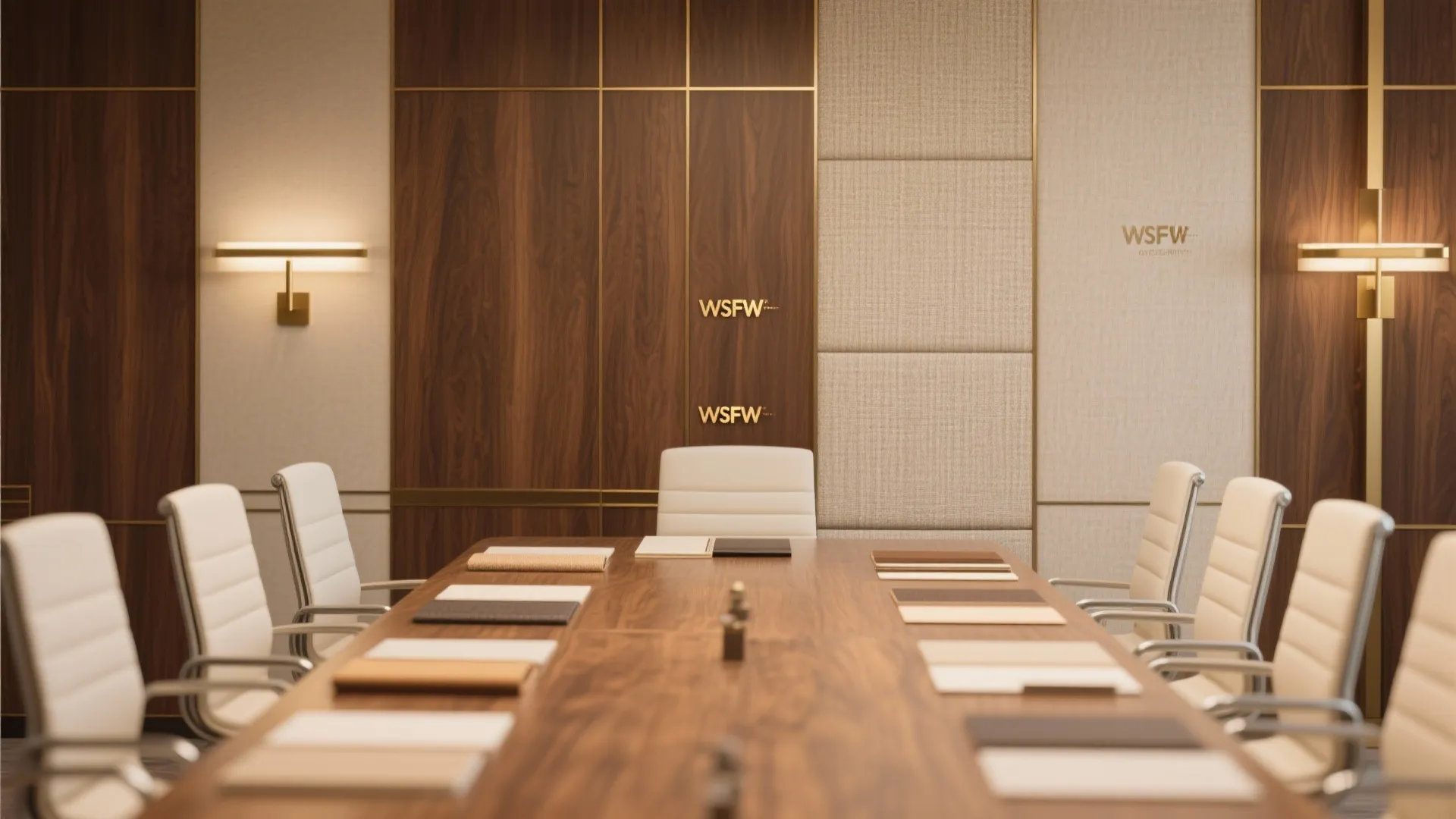 Elegant board room with wooden table white chairs wall panel design and warm wall lights