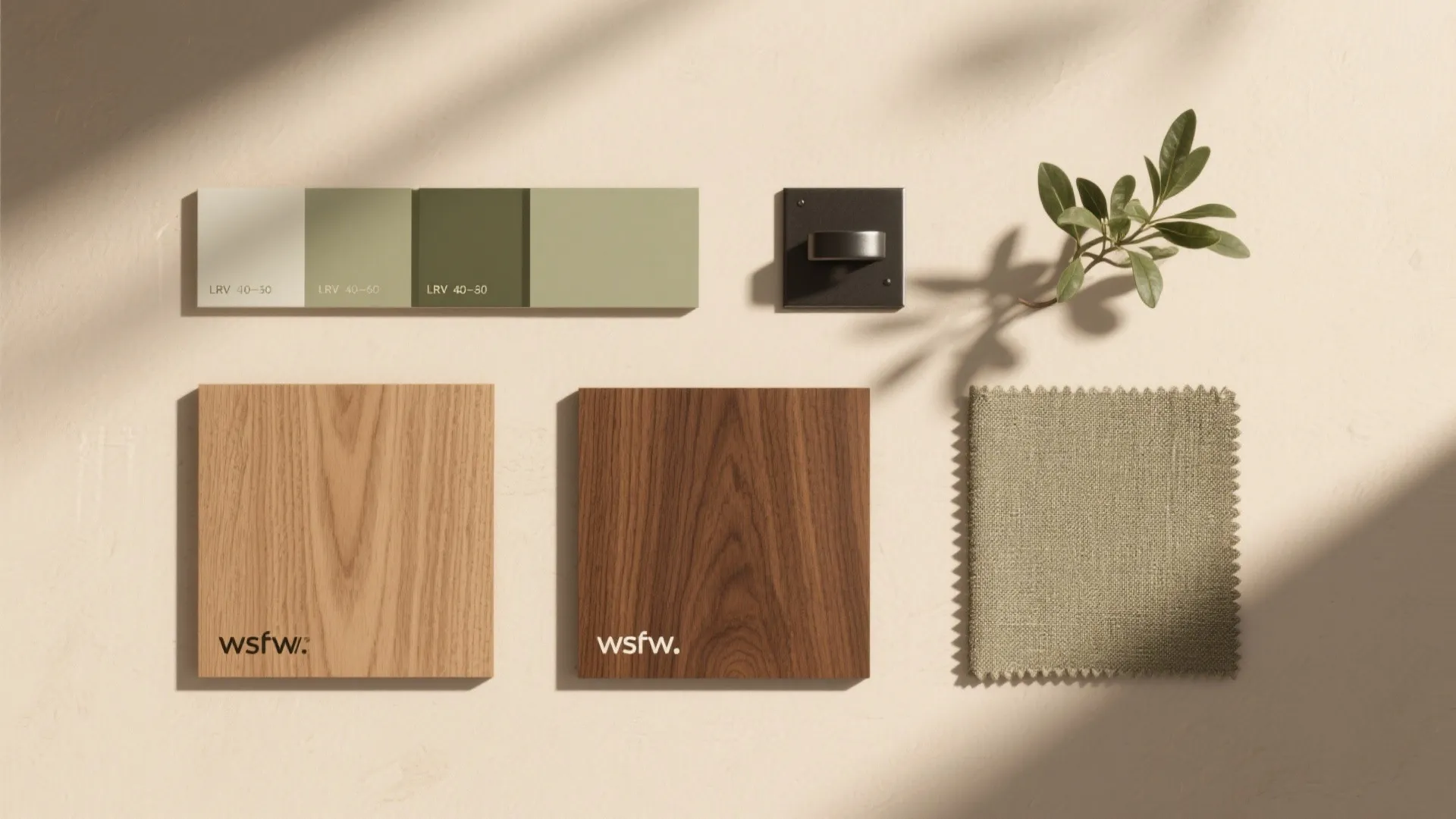 Interior design material board with wood samples green color swatches fabric and a small plant