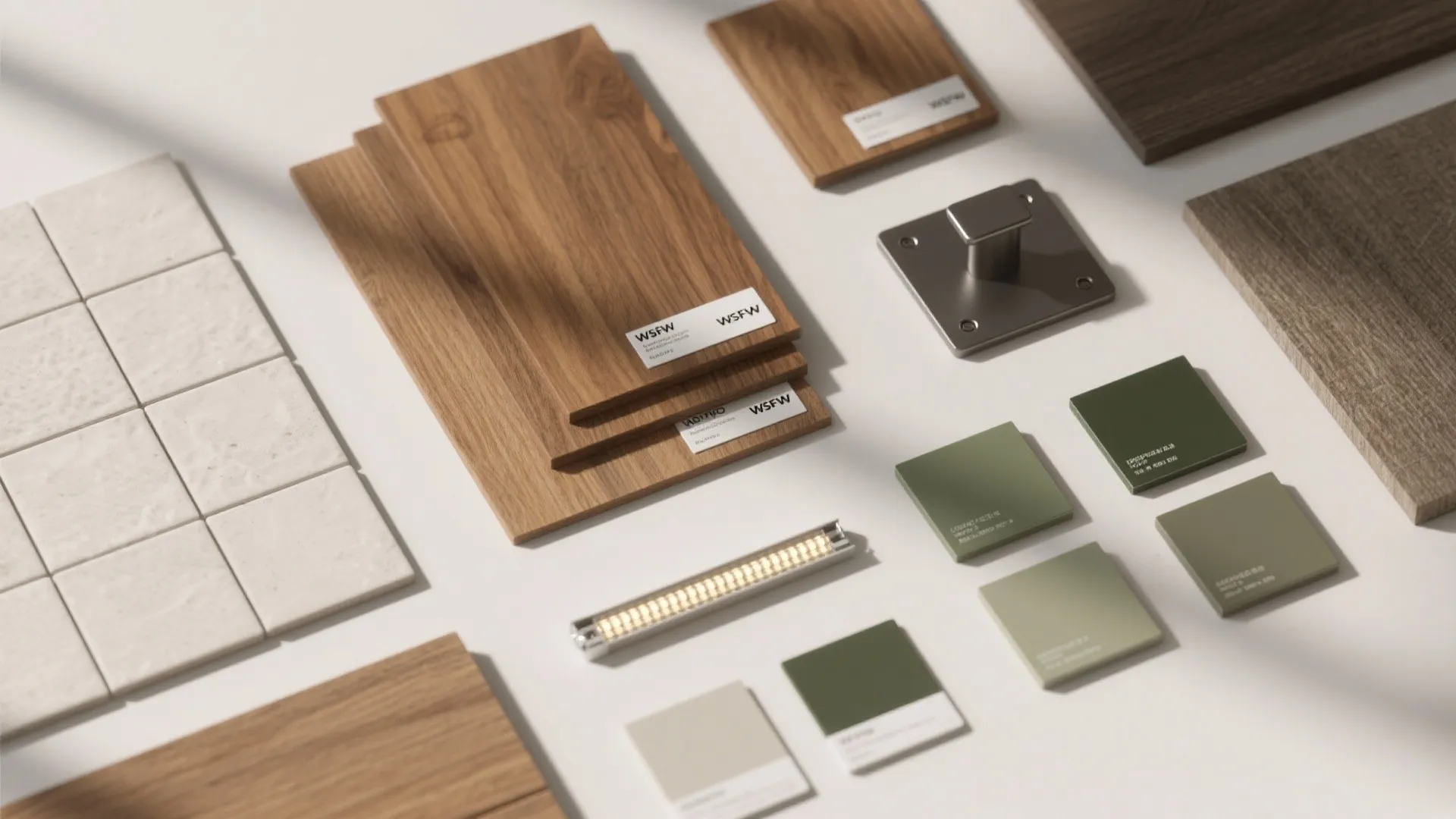 Interior design material samples including wood planks green color swatches white tiles and metal hardware
