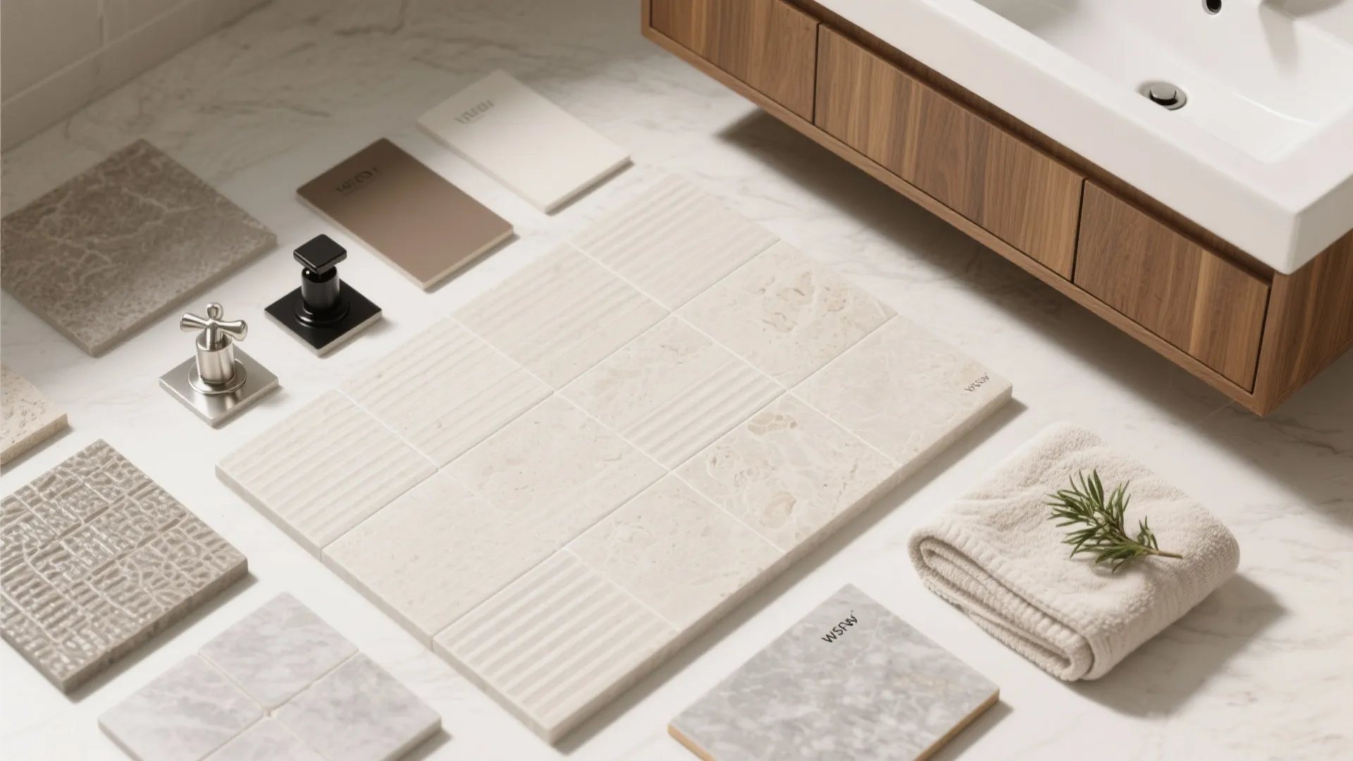 Warm material palette: wood, stone, and textured tiles