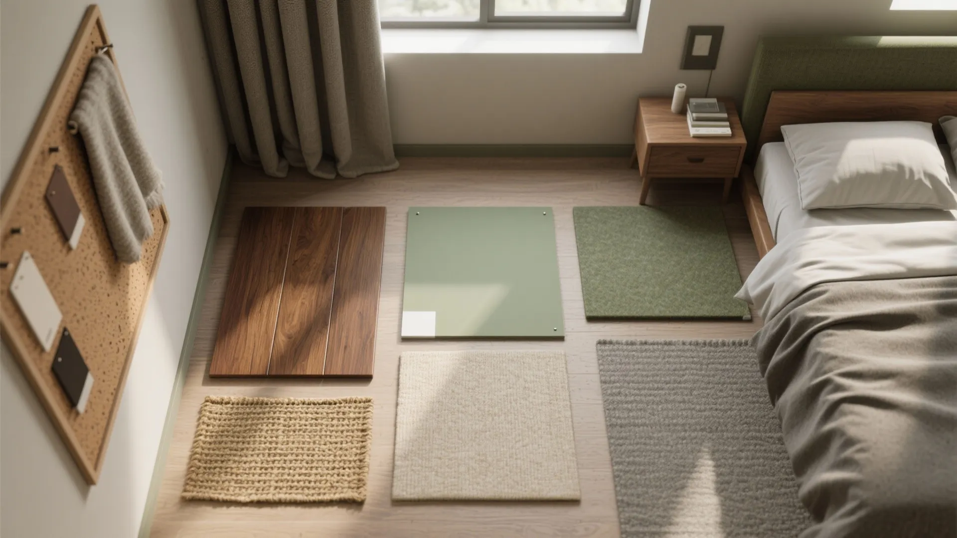 Top-down flatlay of walnut, cork, wool, jute rug, acoustic felt, and muted green paint chips for a quiet study nook.