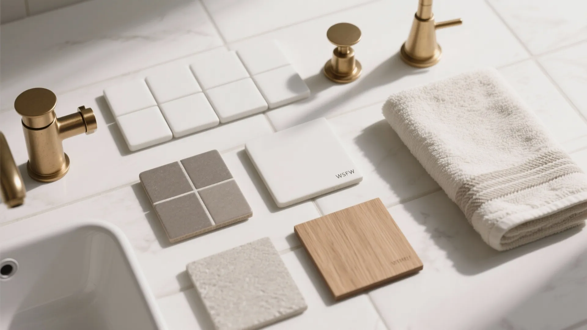 Collection of bathroom material samples including tiles wood and stone near sink with gold faucets