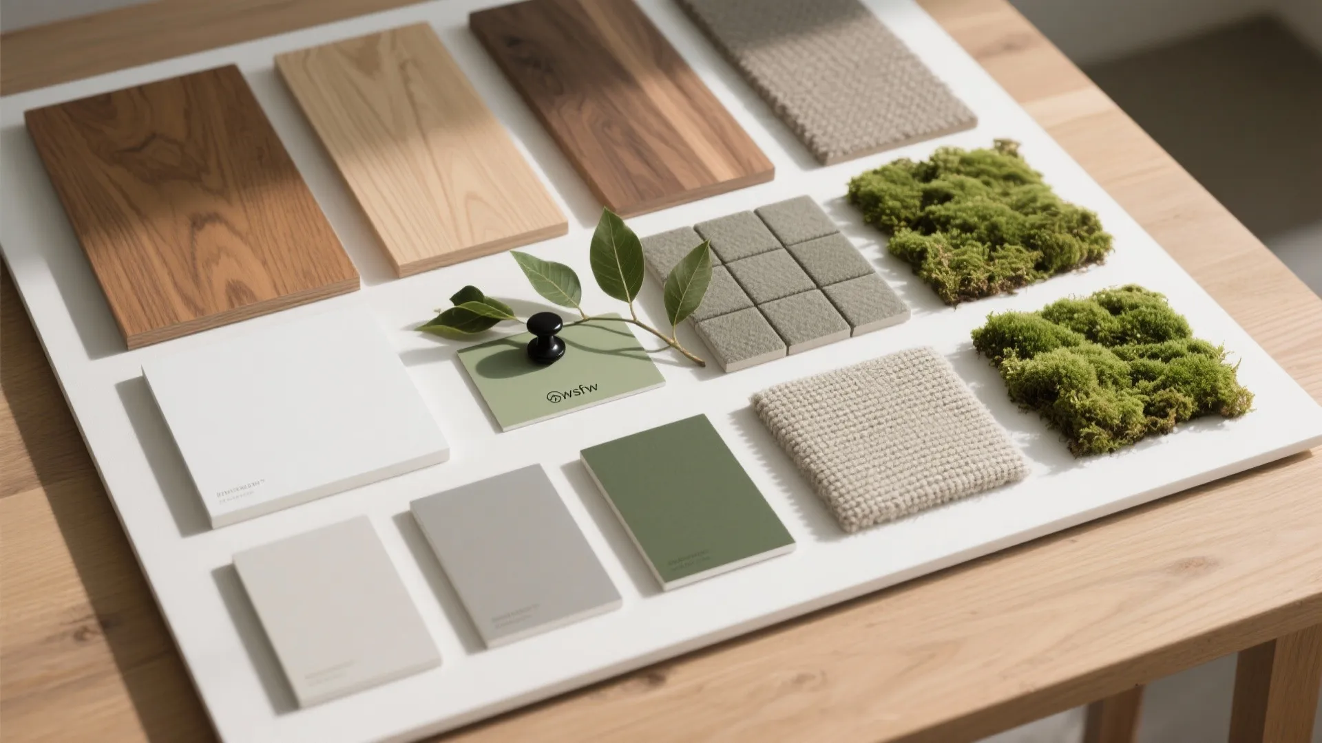 Flat lay of warm wood laminates, moss, textured upholstery, matte paint chips, and plant leaves for a calming palette.