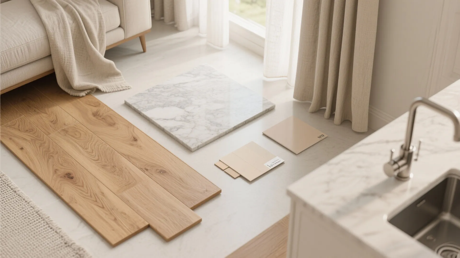 Collection of interior design material samples showing wood flooring marble slab and beige floor tiles