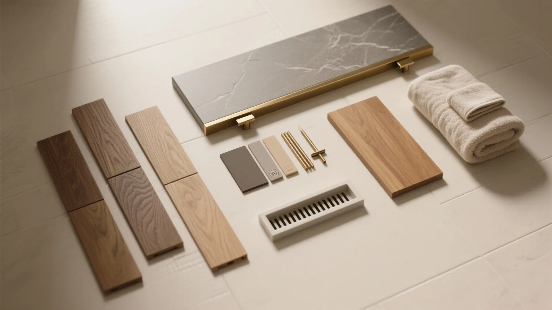 Selection of bathroom renovation materials including wood samples marble tiles gold hardware and a white towel