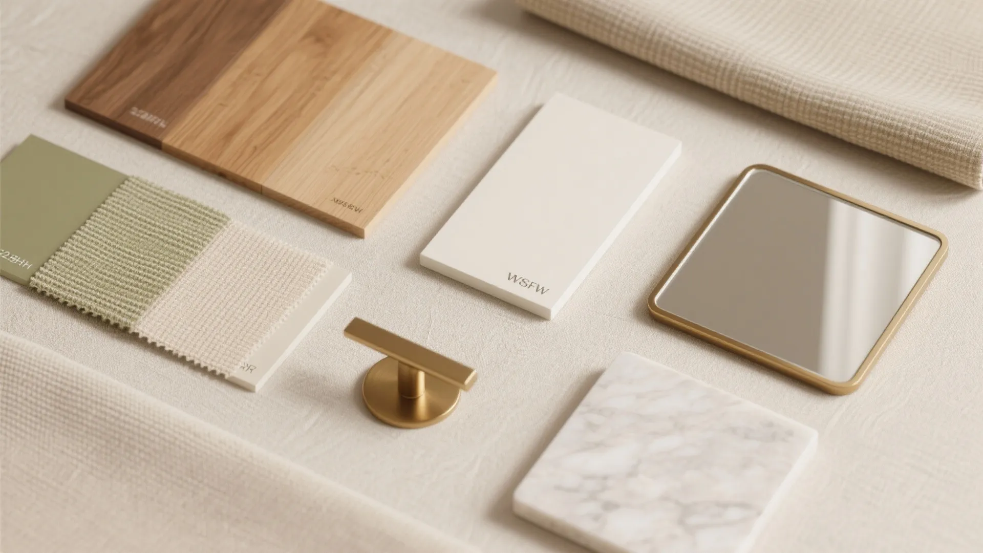 Material palette: warm woods, soft tones, and subtle shine