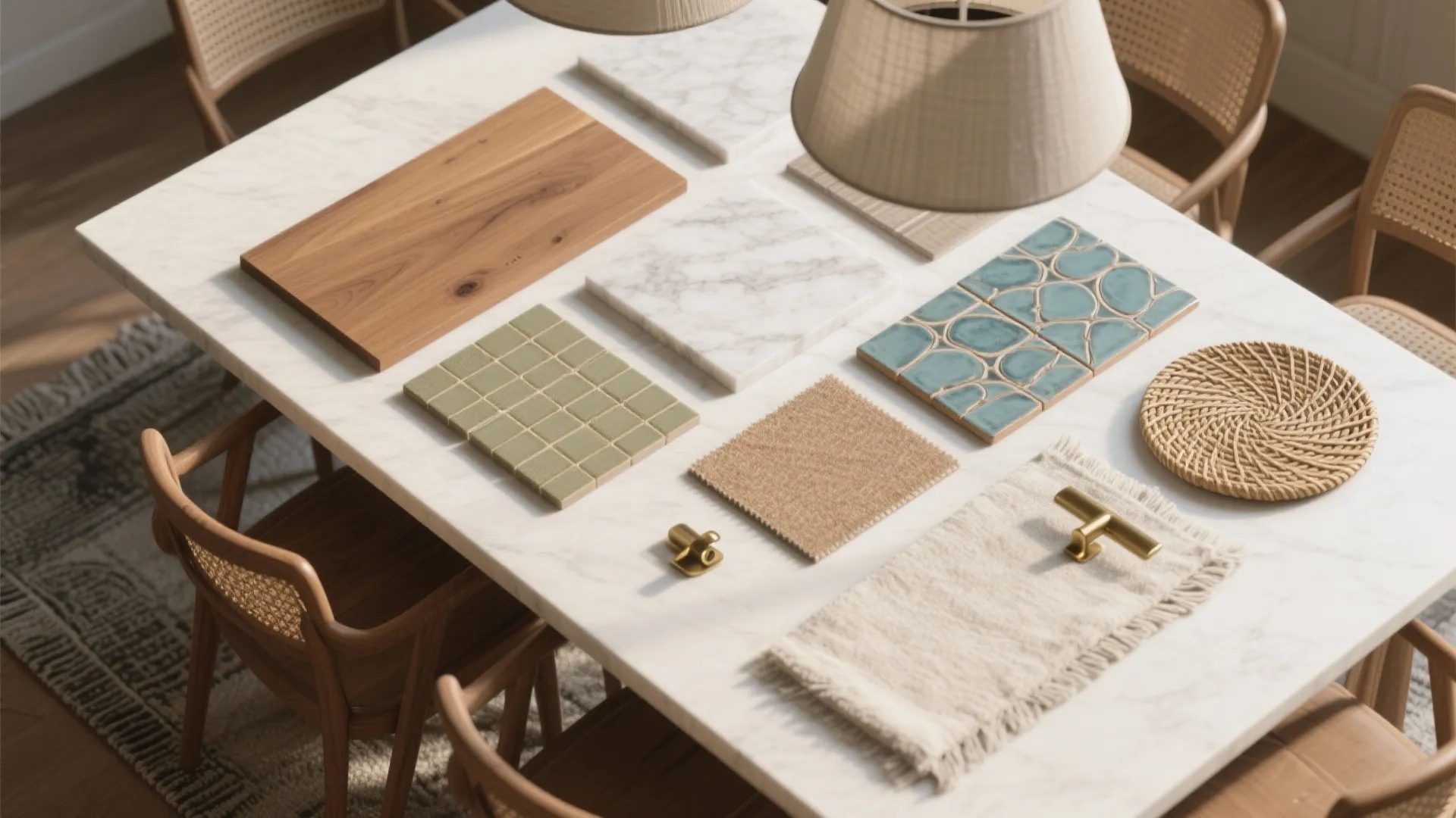 Various interior design materials including wood marble green tiles blue tiles fabric and metal handles