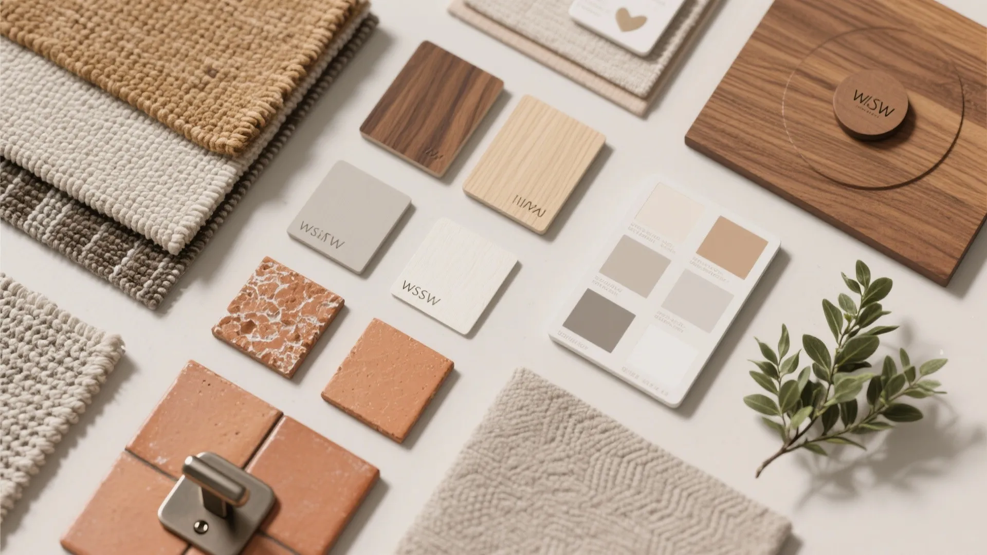 Top-down flatlay of warm wood, woven rug, matte metal and paint chips for layered interiors.