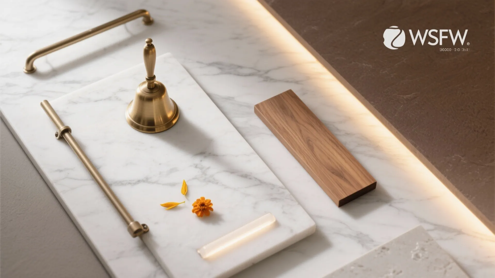 Warmth with brass, wood, and soft backlighting