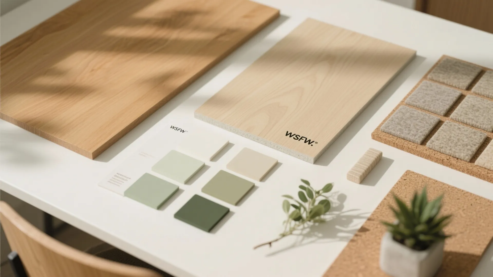 Interior design material board with wood samples color swatches fabric pieces and small potted plant