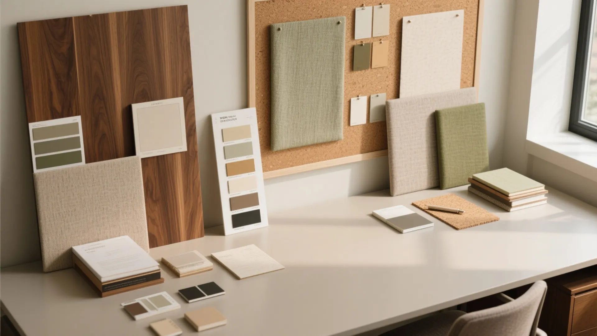 Flat lay of wood-look HPL, cork, and performance fabrics in warm neutrals and sage.
