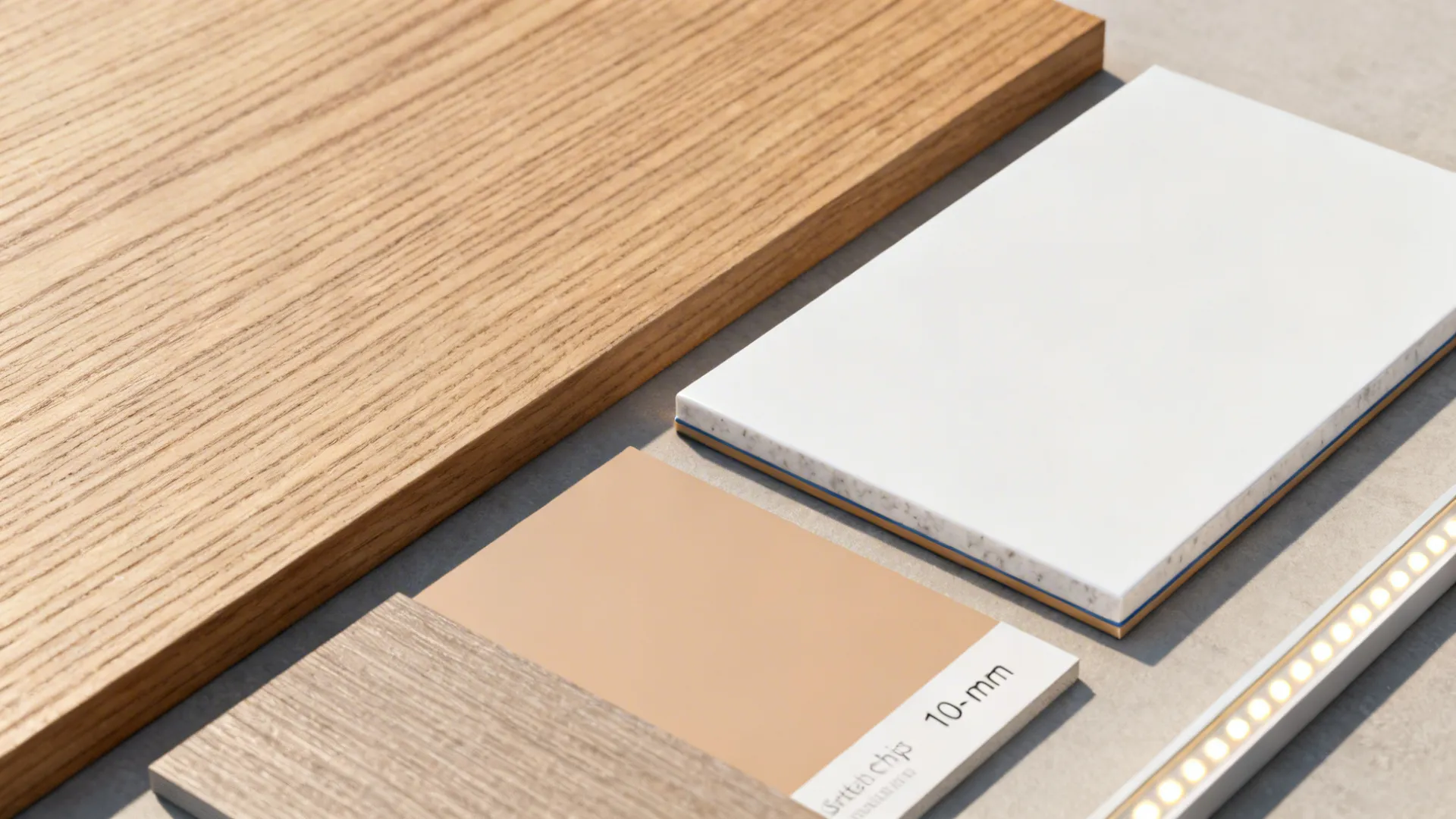 Flat lay of rift oak, satin white, slim quartz edge, and warm neutral swatches.