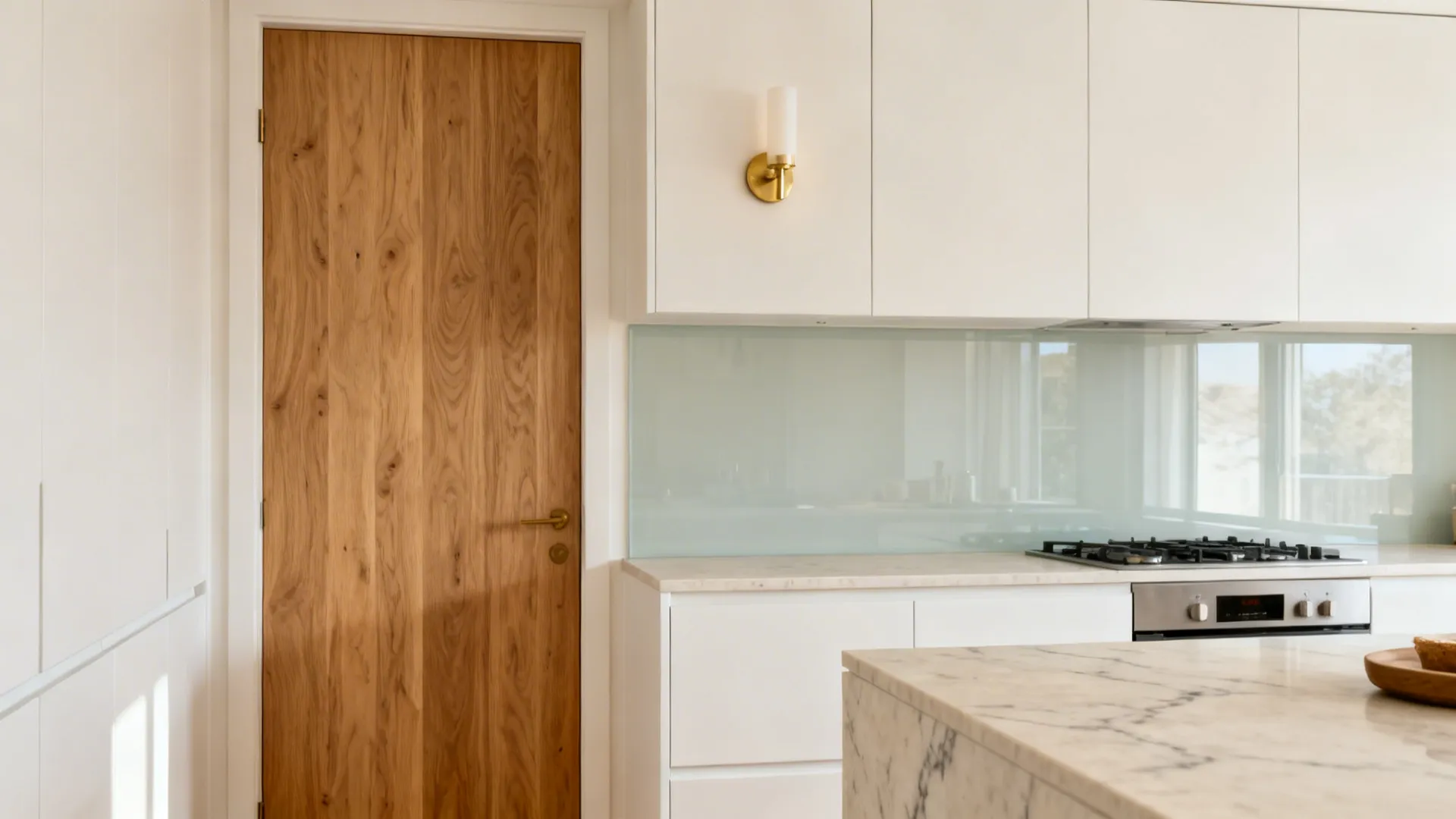 Kitchen interior showing wooden door white cabinets marble island and a gold wall light fixture