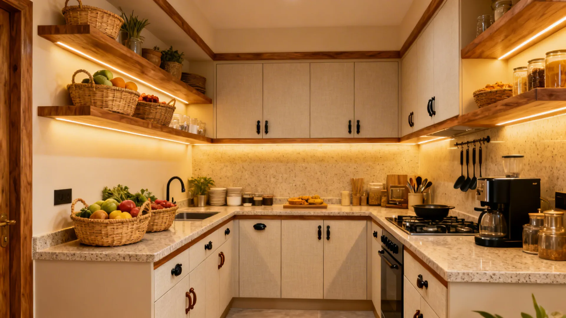 Cozy 6x8 kitchen with walnut accents, matte quartz counters, and bronze hardware.