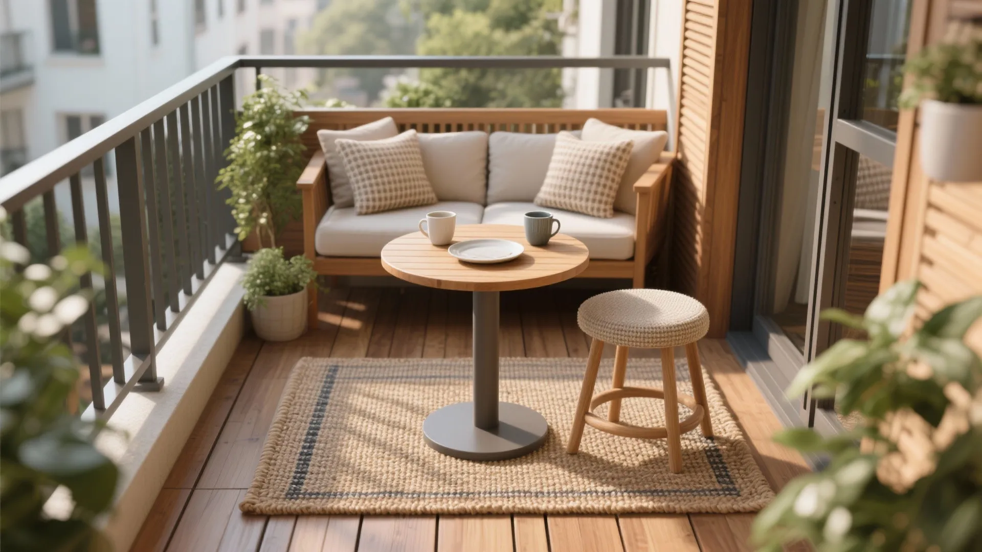 Warm balcony scene with faux wood accents, woven rug, and a small round table for two.