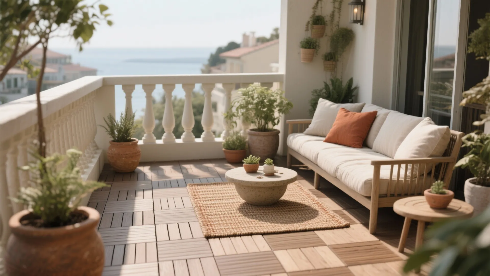 5) Warm materials and textiles: wood-look decking, linens, and clay