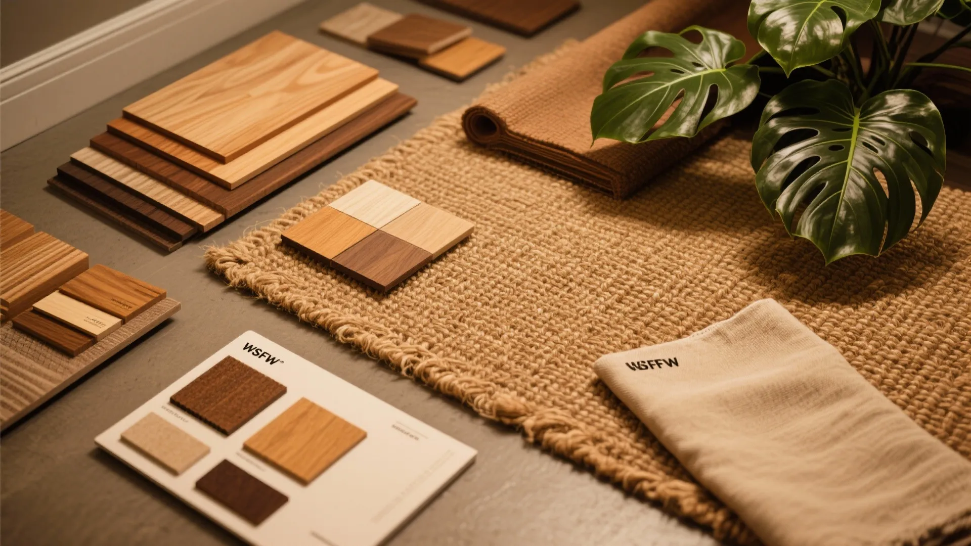 Interior design material board with wood samples fabric swatches woven rug and a green plant