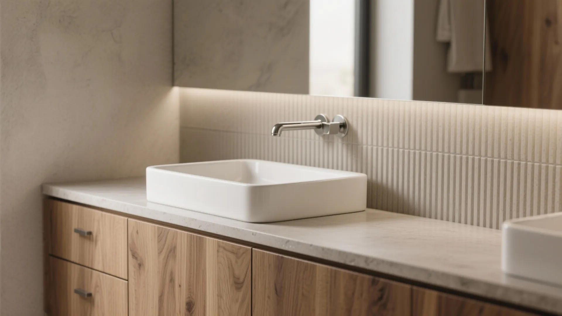 Warm materials: ribbed wood and microcement